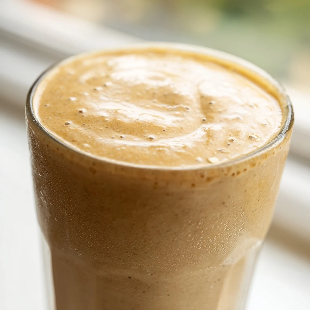 Frothy coffee smoothie topped with chocolate shavings in a mason jar with straw