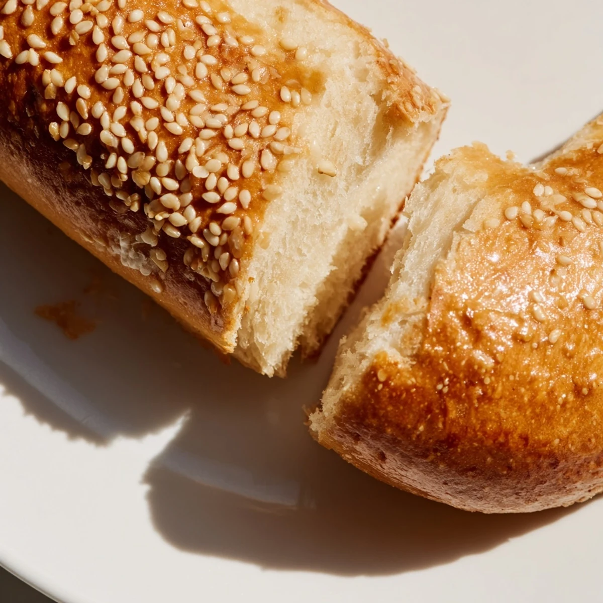 Golden brown sourdough discard hot dog buns fresh from the oven with sesame seed topping