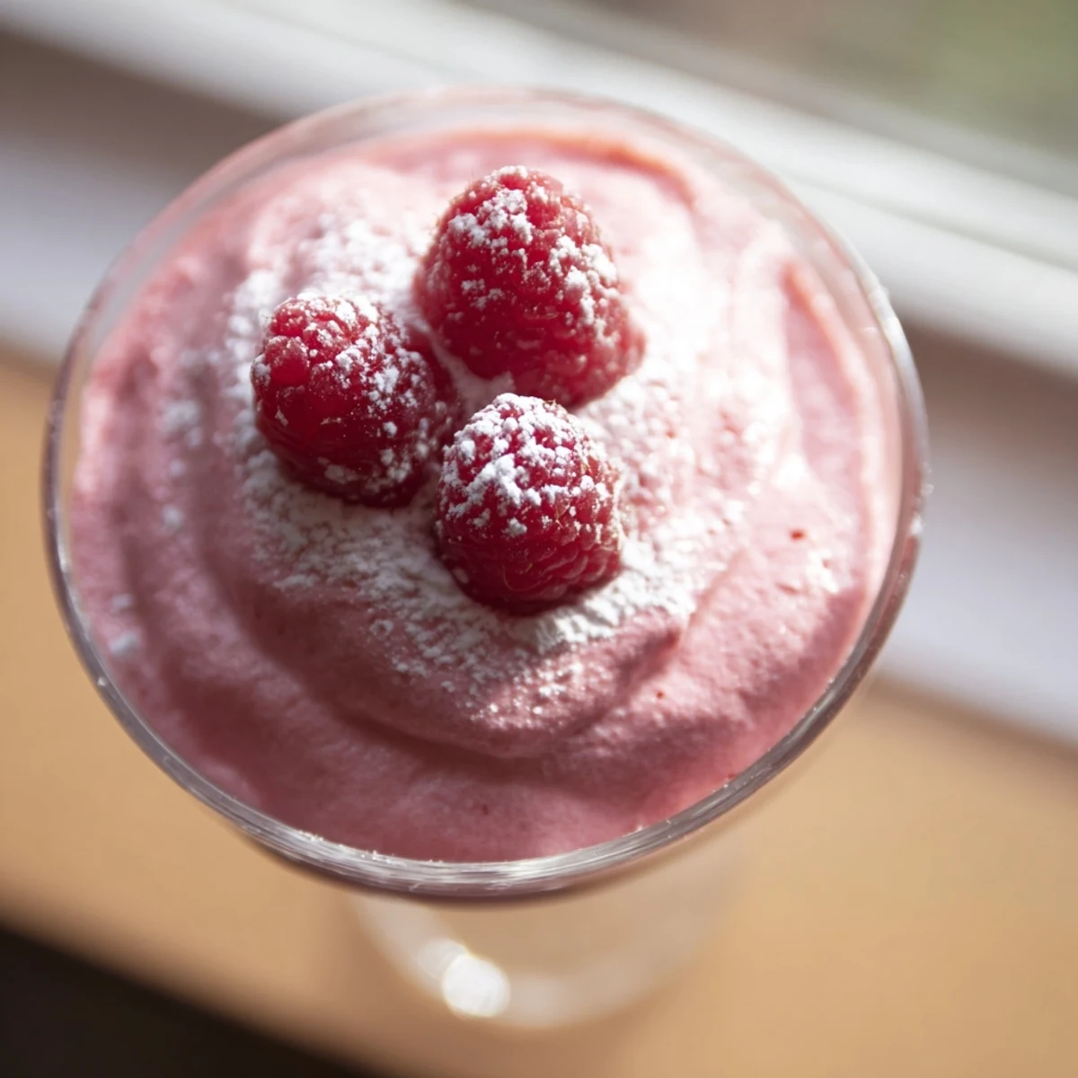 Creamy Fresh Raspberry Cloud Mousse in elegant glass cups topped with bright red berries