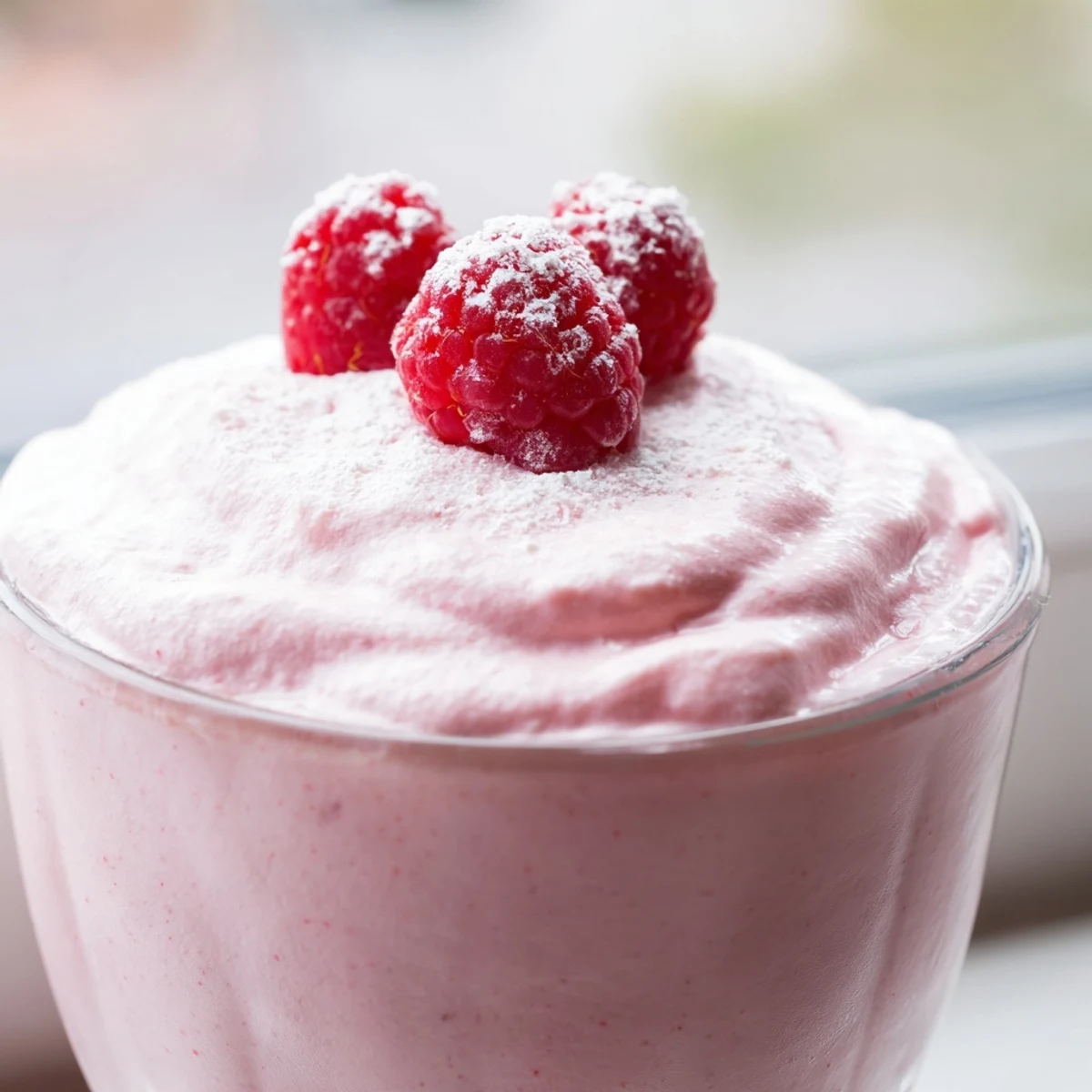 Fresh Raspberry Cloud Mousse with fluffy pink texture served in individual dessert glasses