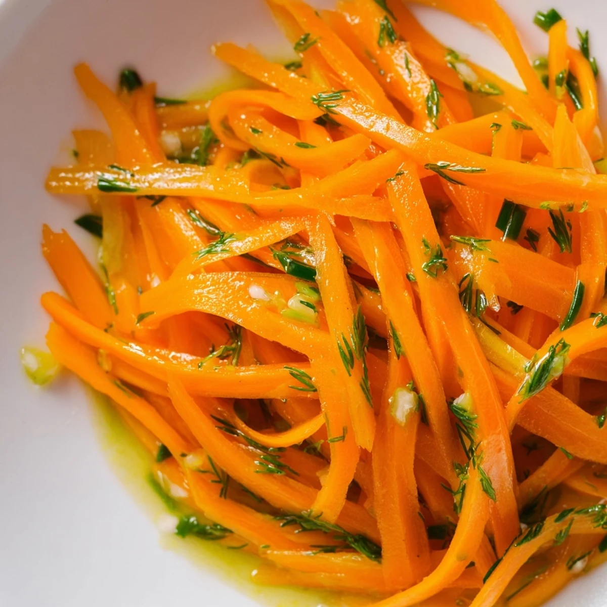 Crisp marinated carrot salad glistening with lemon dill dressing in a serving bowl