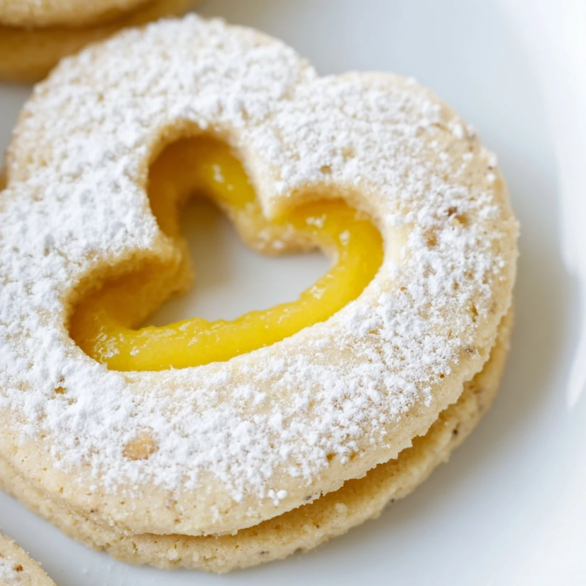 Meyer Lemon Curd Linzer Cookies with powdered sugar dusting and golden almond edges