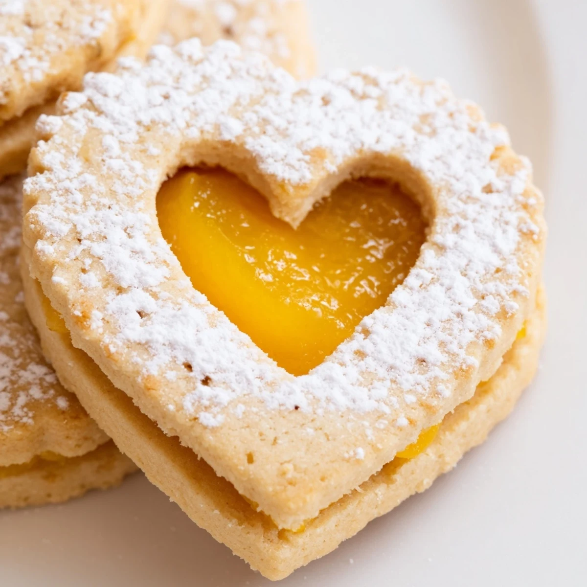 Delicate Meyer Lemon Curd Linzer Cookies showing vibrant filling through decorative cutout windows