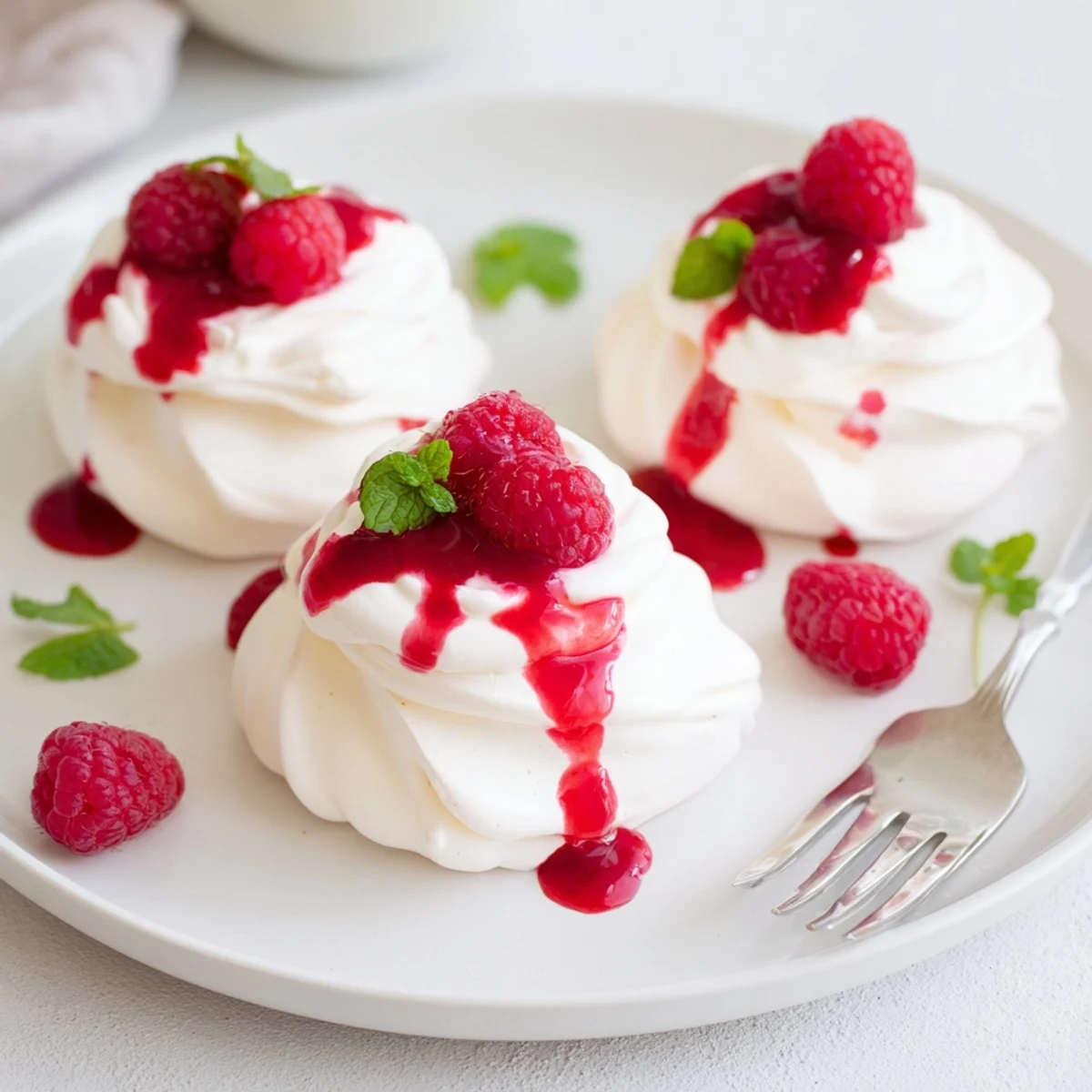 Crispy Pavlova bombs with cream filling drizzled in bright red raspberry coulis