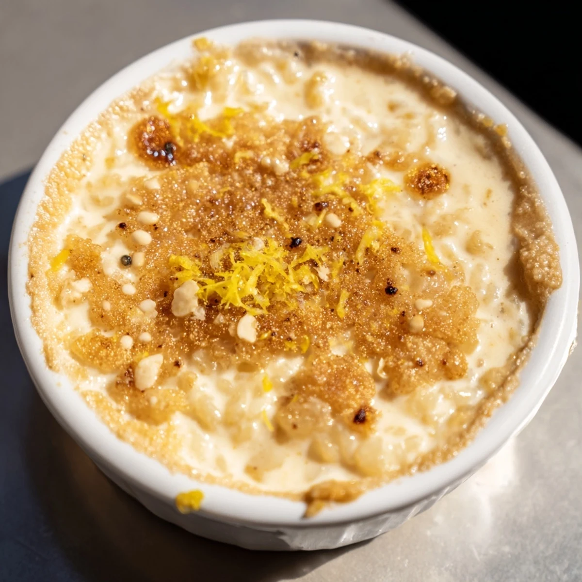 Creamy Portuguese rice custard topped with golden cinnamon sugar in white ramekins
