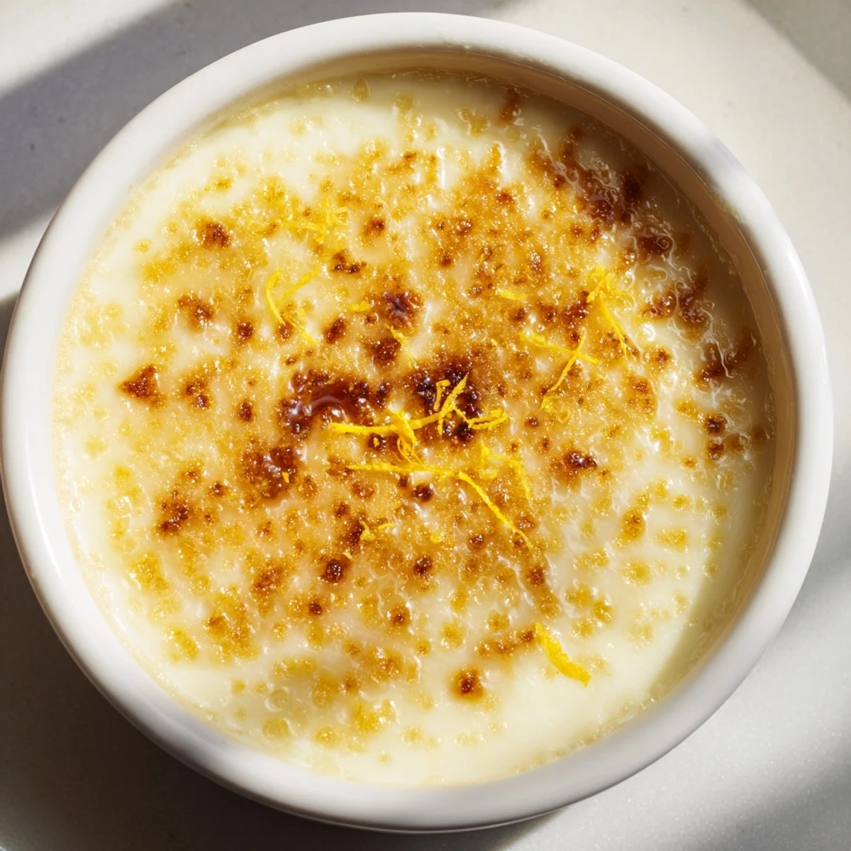Silky Portuguese rice custard with speckled cinnamon topping served in small dishes