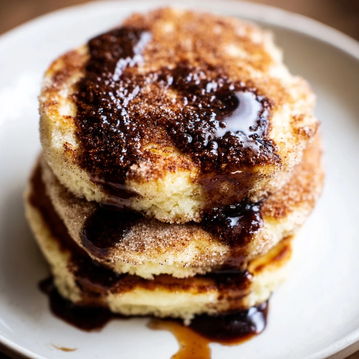 Golden Spanish Churro Pancakes stacked high with rich chocolate sauce drizzled generously on top