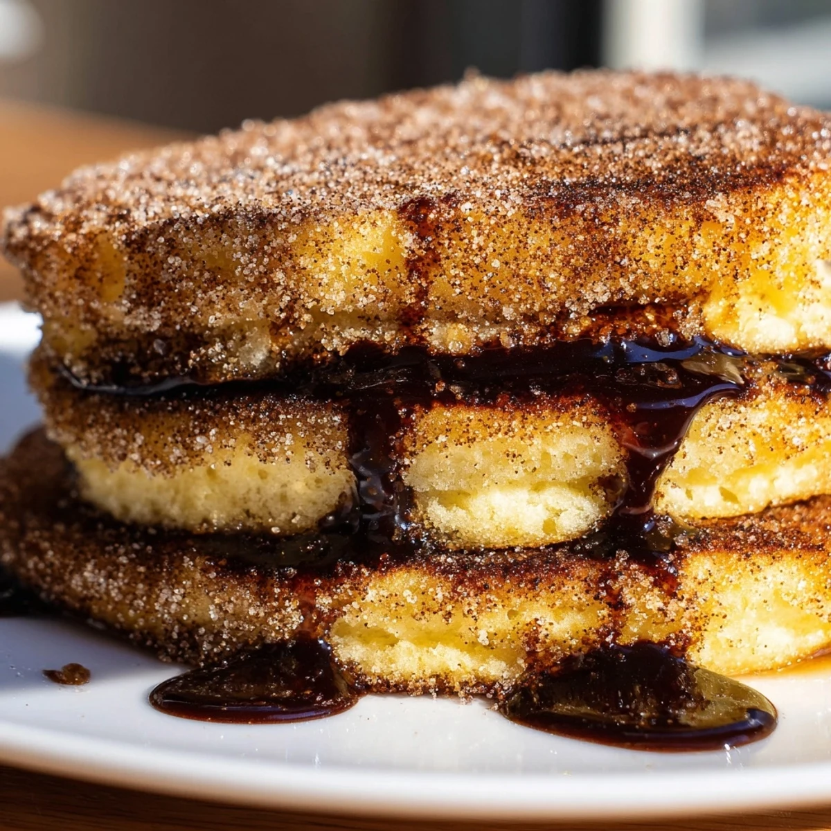 Fluffy Spanish Churro Pancakes dusted with cinnamon sugar on a white ceramic breakfast plate