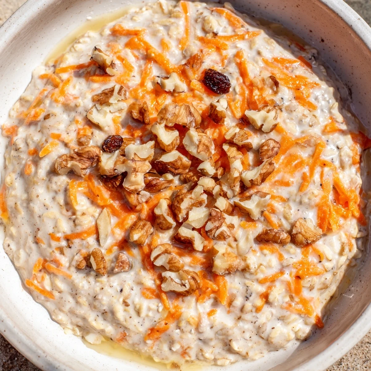 Creamy carrot cake overnight oats topped with crunchy walnuts in a glass jar