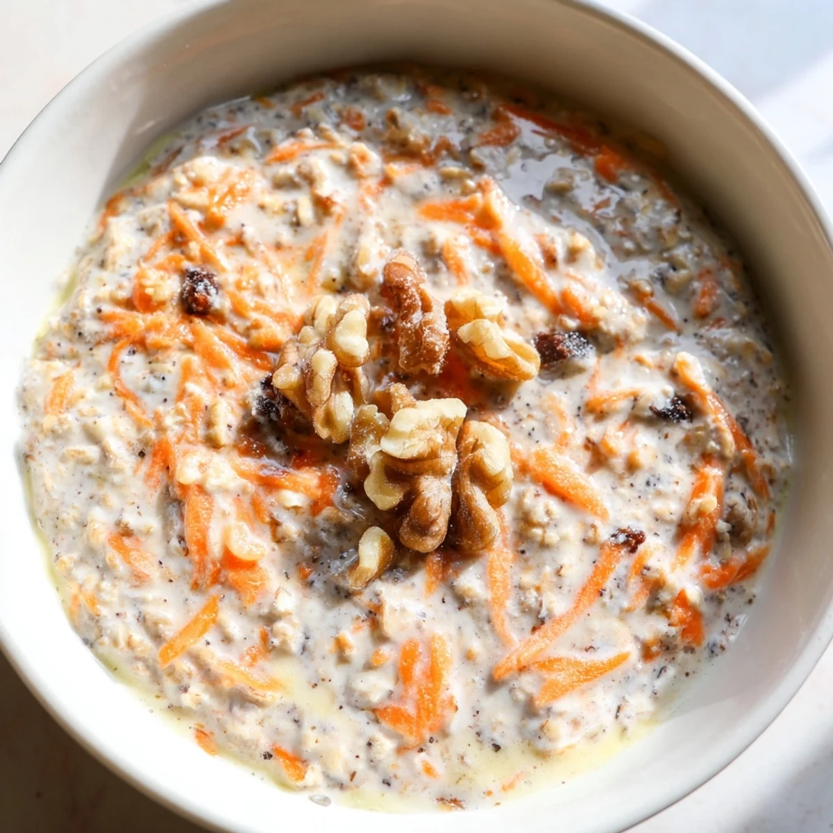 Carrot cake overnight oats served chilled with raisins and a cinnamon sprinkle