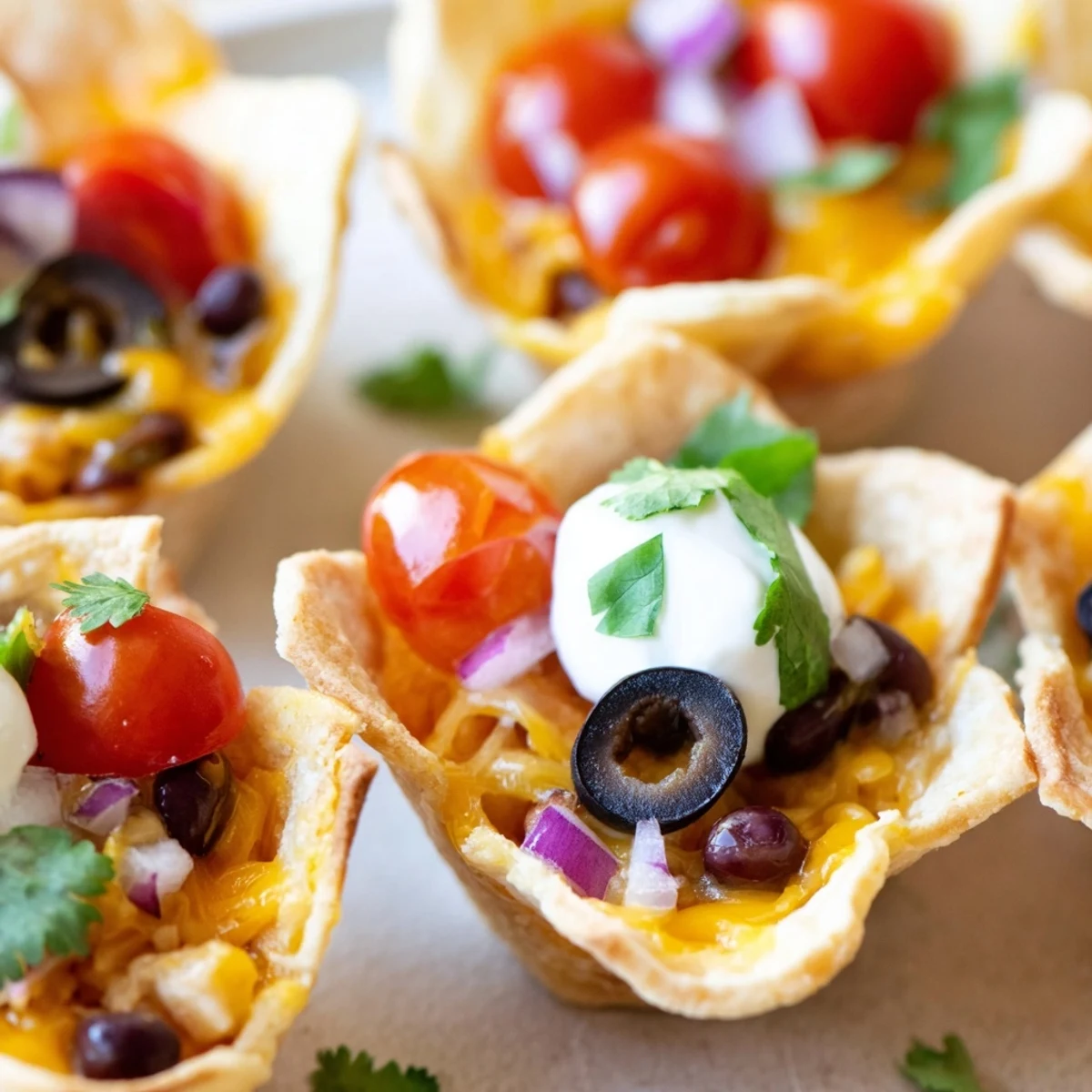 Golden cheesy nacho cups bubbling with melted cheddar and colorful fresh toppings