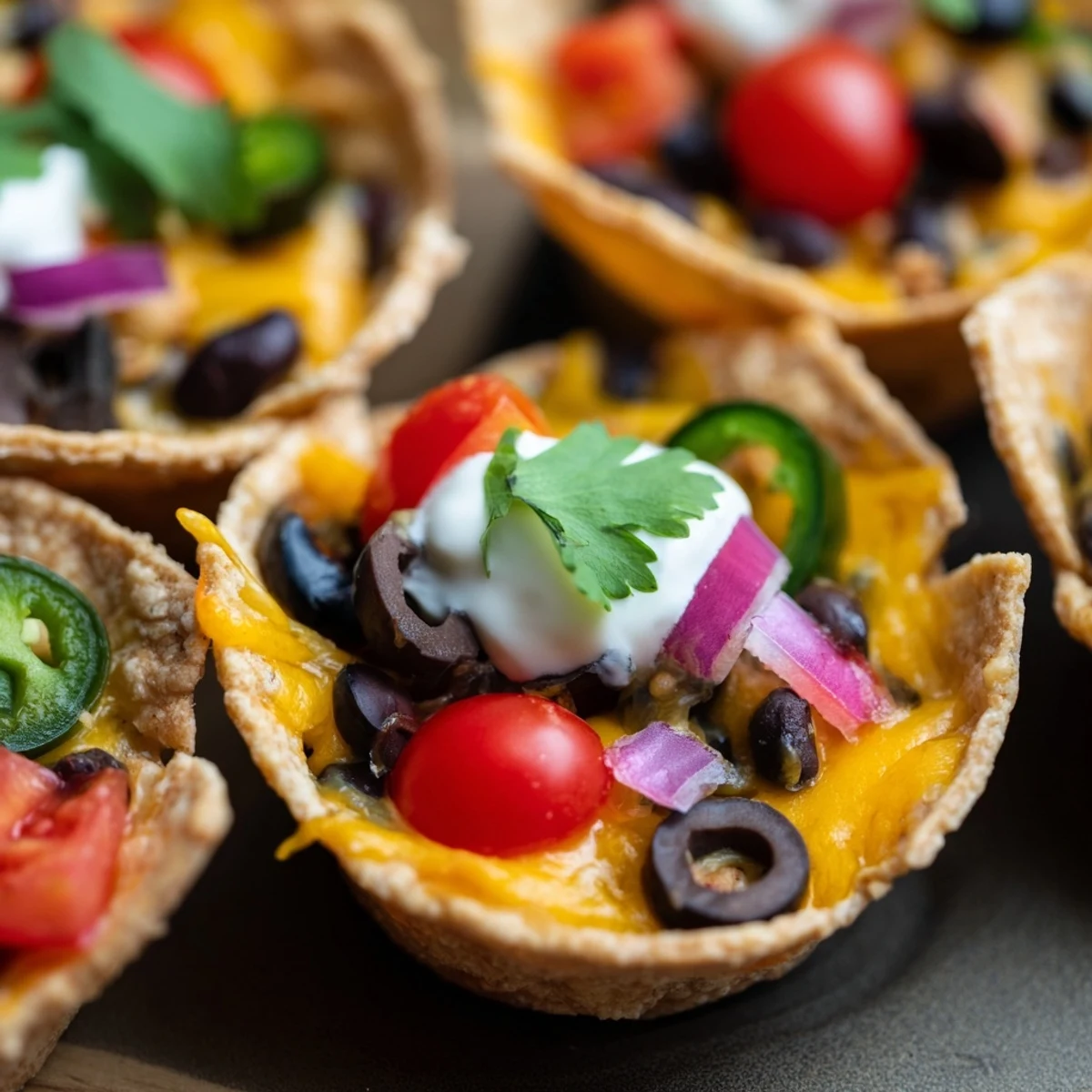 Crispy tortilla cups filled with gooey Monterey Jack cheese and zesty garnishes
