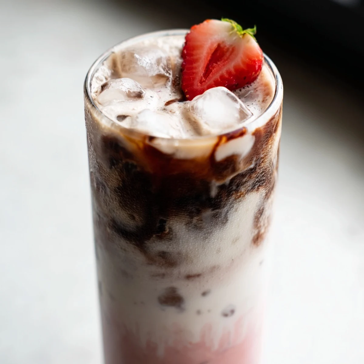Creamy strawberry cold latte in a tall glass with swirled pink layers and ice
