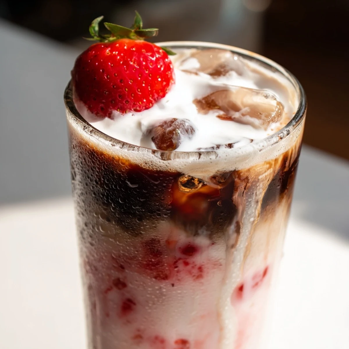 Iced strawberry cream latte topped with fluffy whipped cream and fresh berry garnish