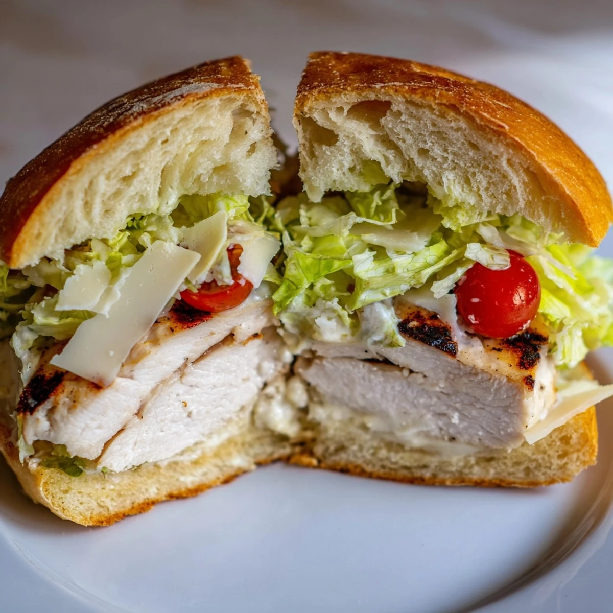 Grilled Chicken Caesar Sandwich with crisp romaine and creamy dressing on golden toasted ciabatta