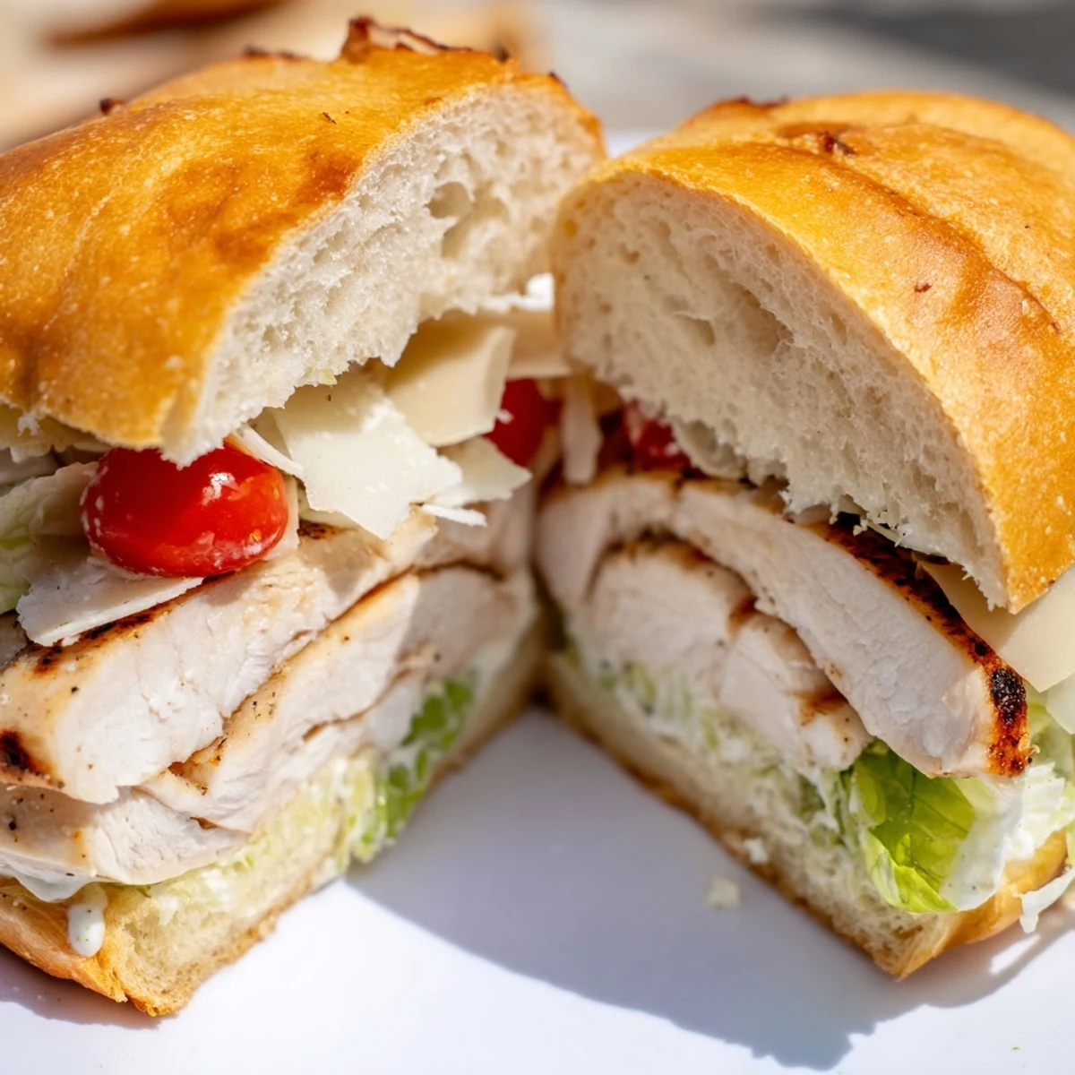 Juicy sliced chicken topped with shaved Parmesan and fresh lettuce in a hearty sandwich