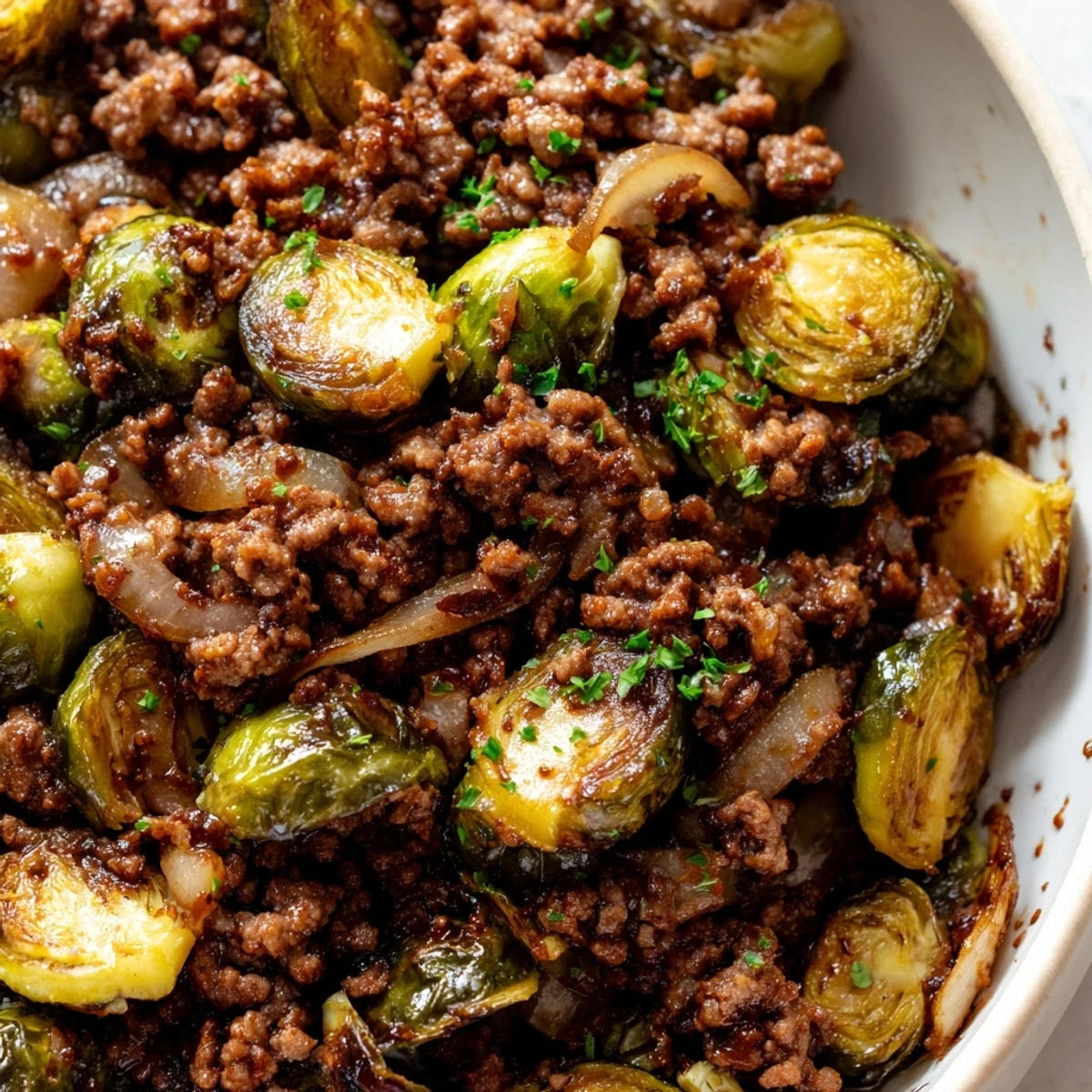 Crispy halved Brussels sprouts tossed with savory ground beef and smoked paprika