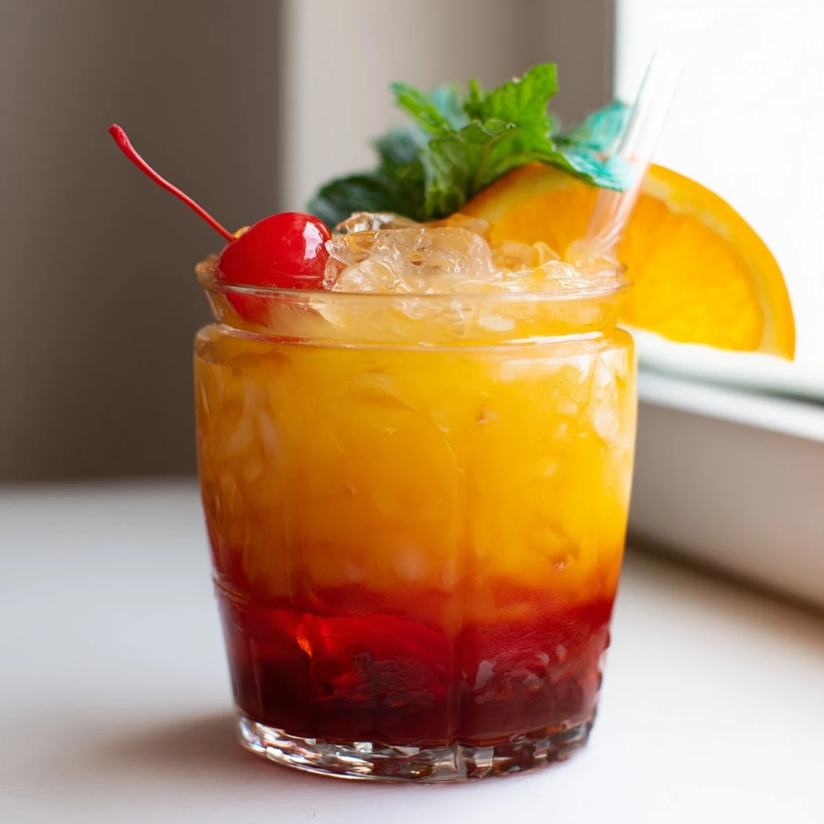 Frosty Non Alcoholic Mai Tai with grenadine layers, fresh orange, and cherry garnish