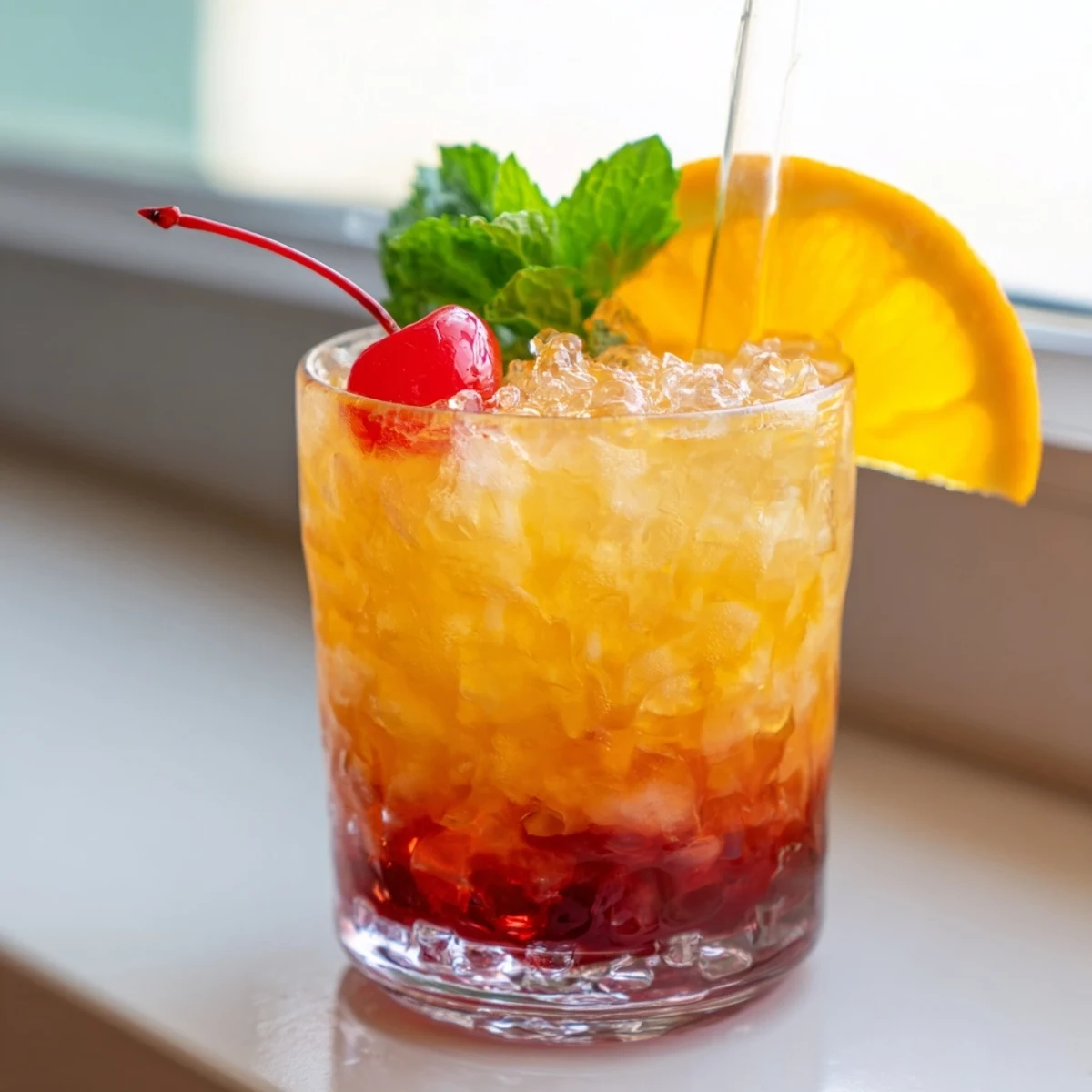 Tropical Non Alcoholic Mai Tai mocktail served over crushed ice with mint sprigs