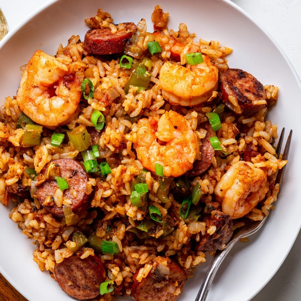 Golden shrimp and sausage dirty rice steaming in a cast iron skillet with fresh parsley garnish