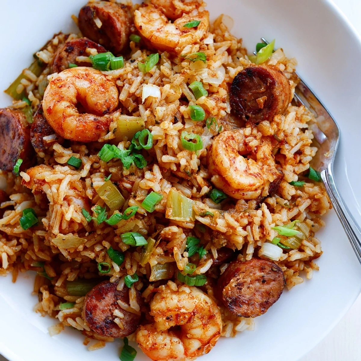 Spicy shrimp and sausage dirty rice topped with sliced scallions on a rustic wooden serving plate