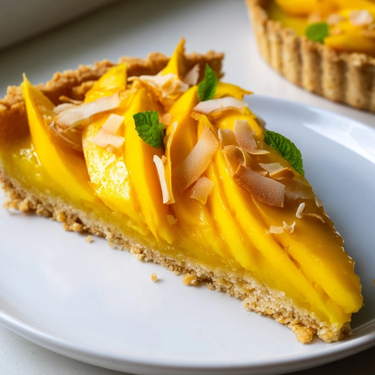 Golden mango curd tart topped with fresh mango slices and mint leaves on white plate