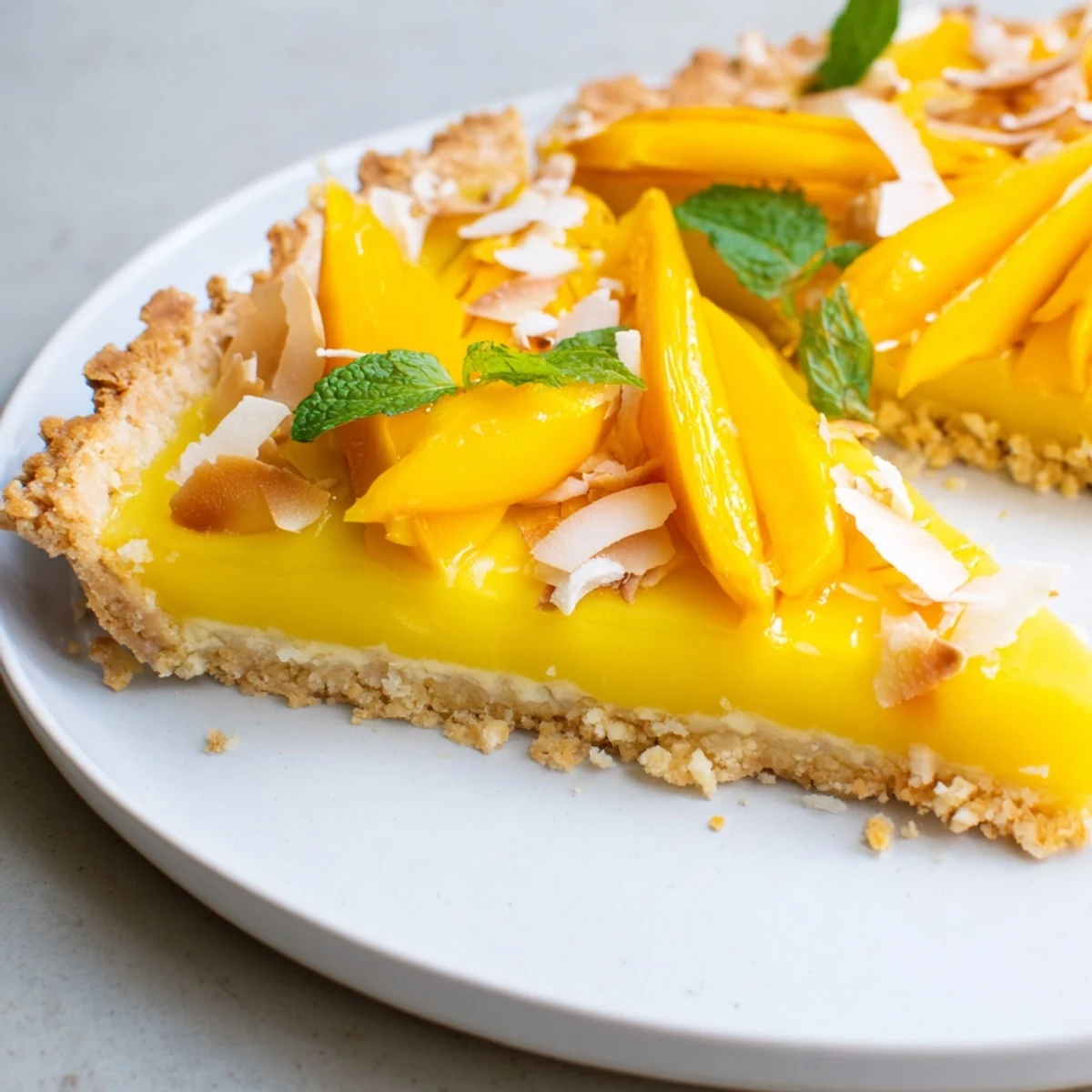 Silky mango curd tart with buttery crisp crust sliced and ready for summer serving