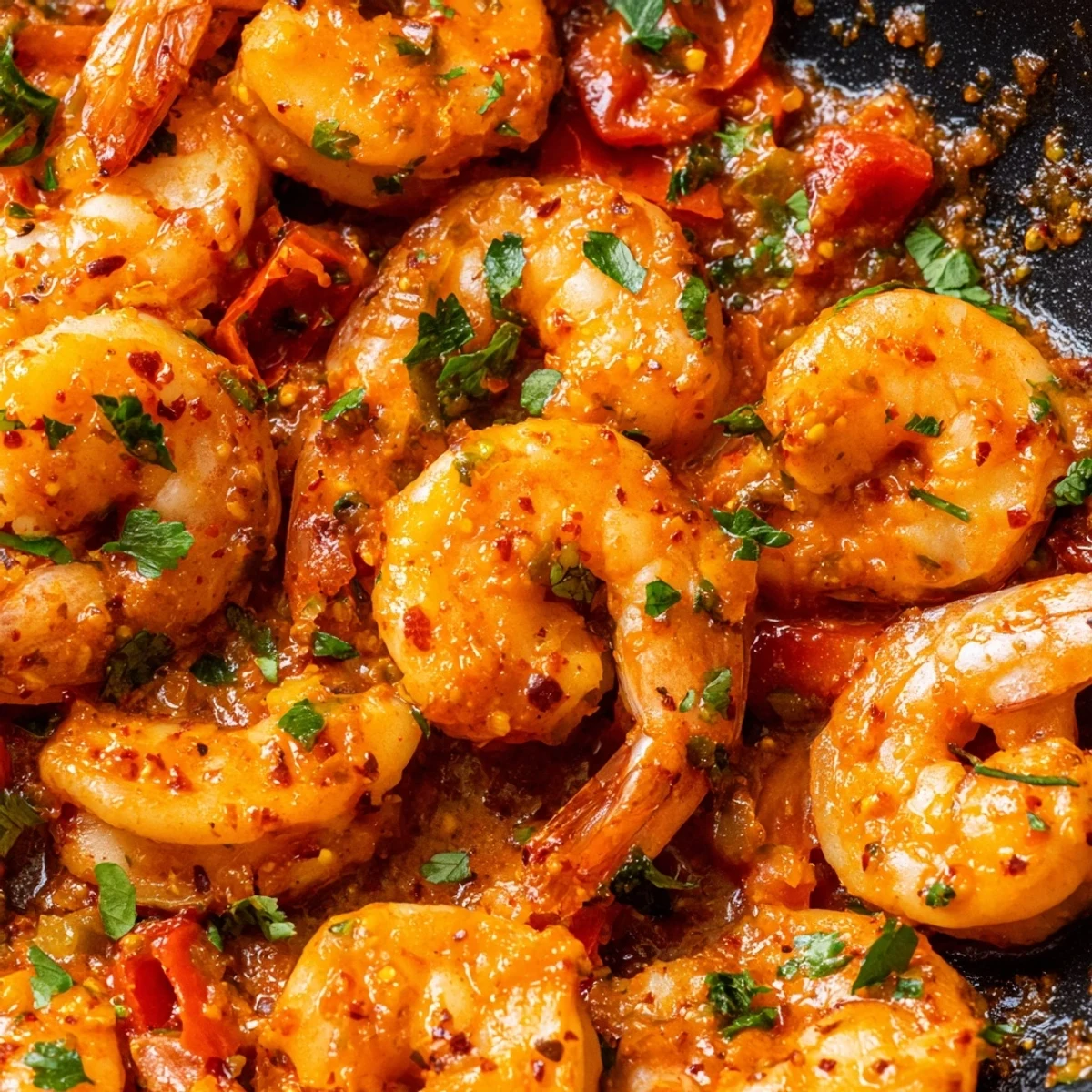 Sizzling garlic paprika shrimp skillet with pink curls and fresh parsley garnish