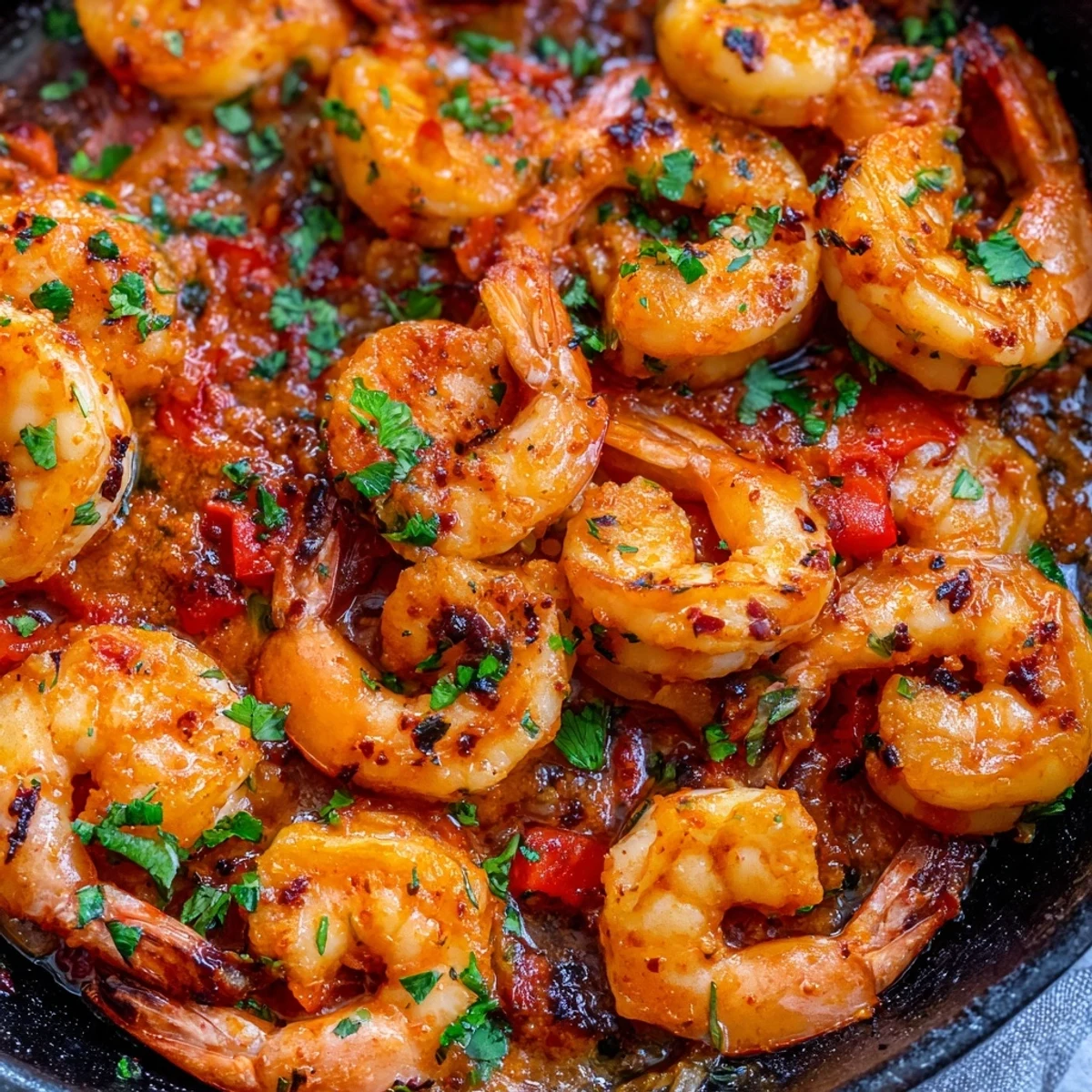 Golden garlic paprika shrimp skillet resting in a rich, smoky red pepper sauce