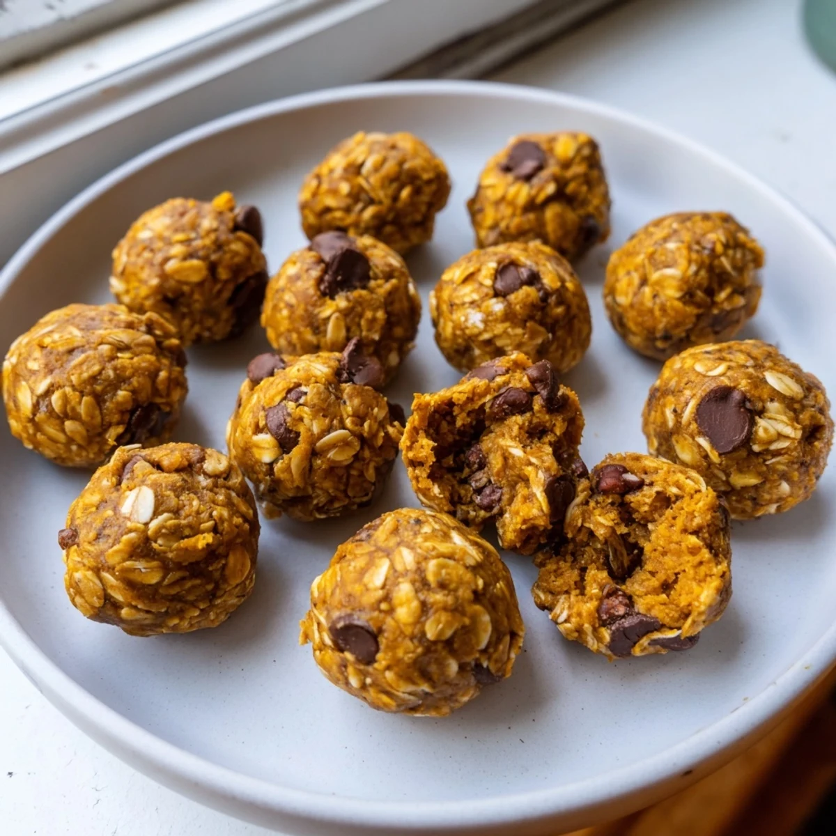 Golden no bake pumpkin protein balls arranged on parchment paper with warm cinnamon spice