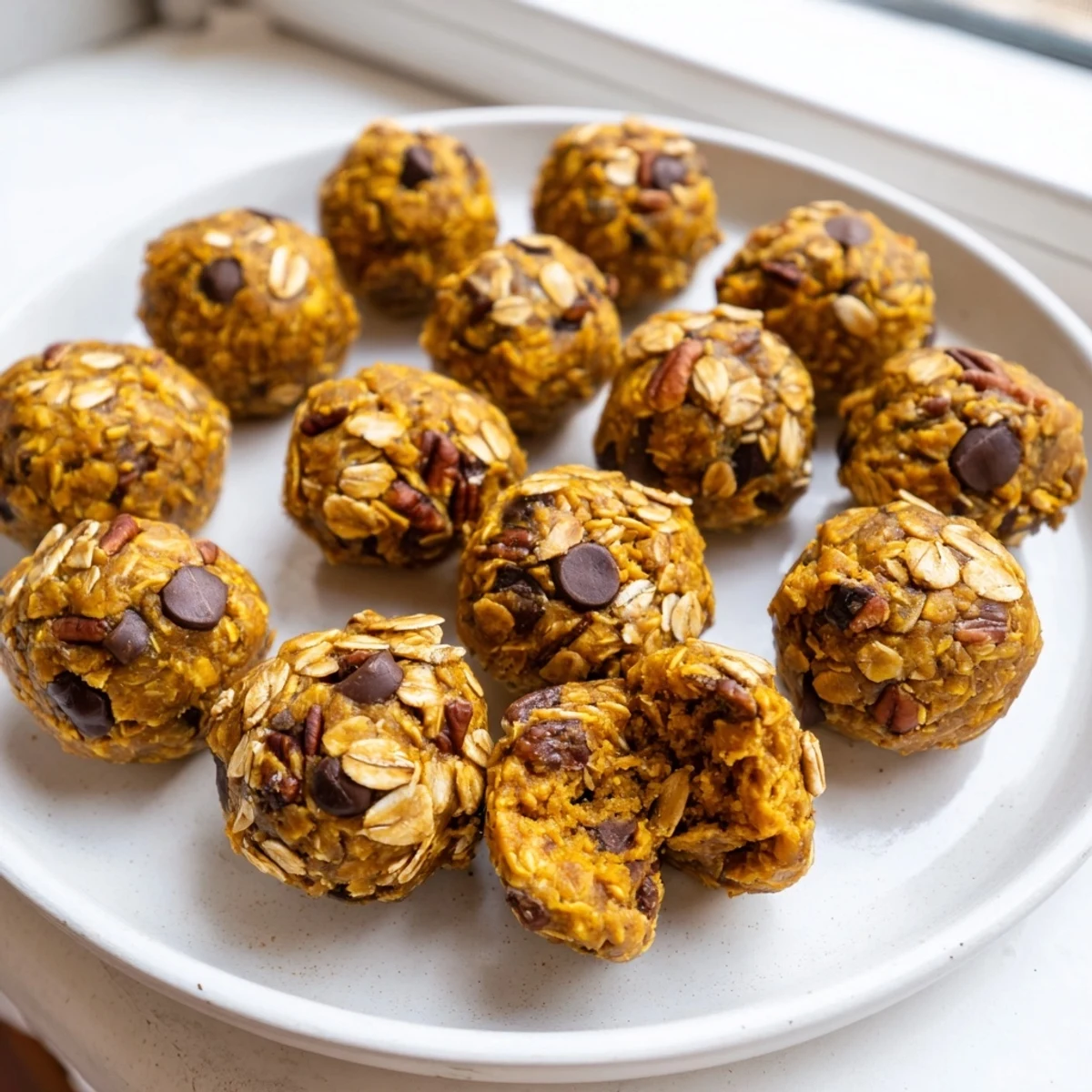 No bake pumpkin protein balls coated in chocolate chips resting on a rustic wooden board