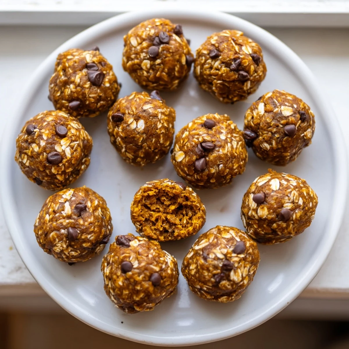 Chewy no bake pumpkin protein balls stacked in a glass jar ready for healthy snacking