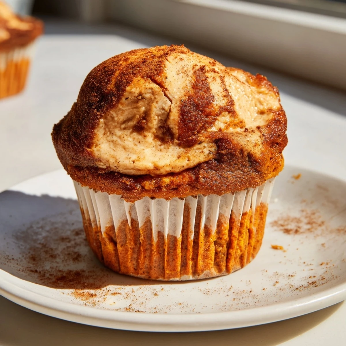 Golden chai pumpkin cheesecake muffins with swirled spiced cream cheese tops fresh from the oven