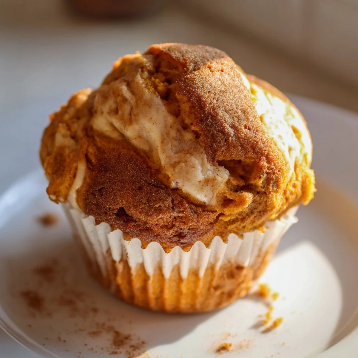 Moist pumpkin muffins filled with creamy chai cheesecake swirl on a rustic fall table