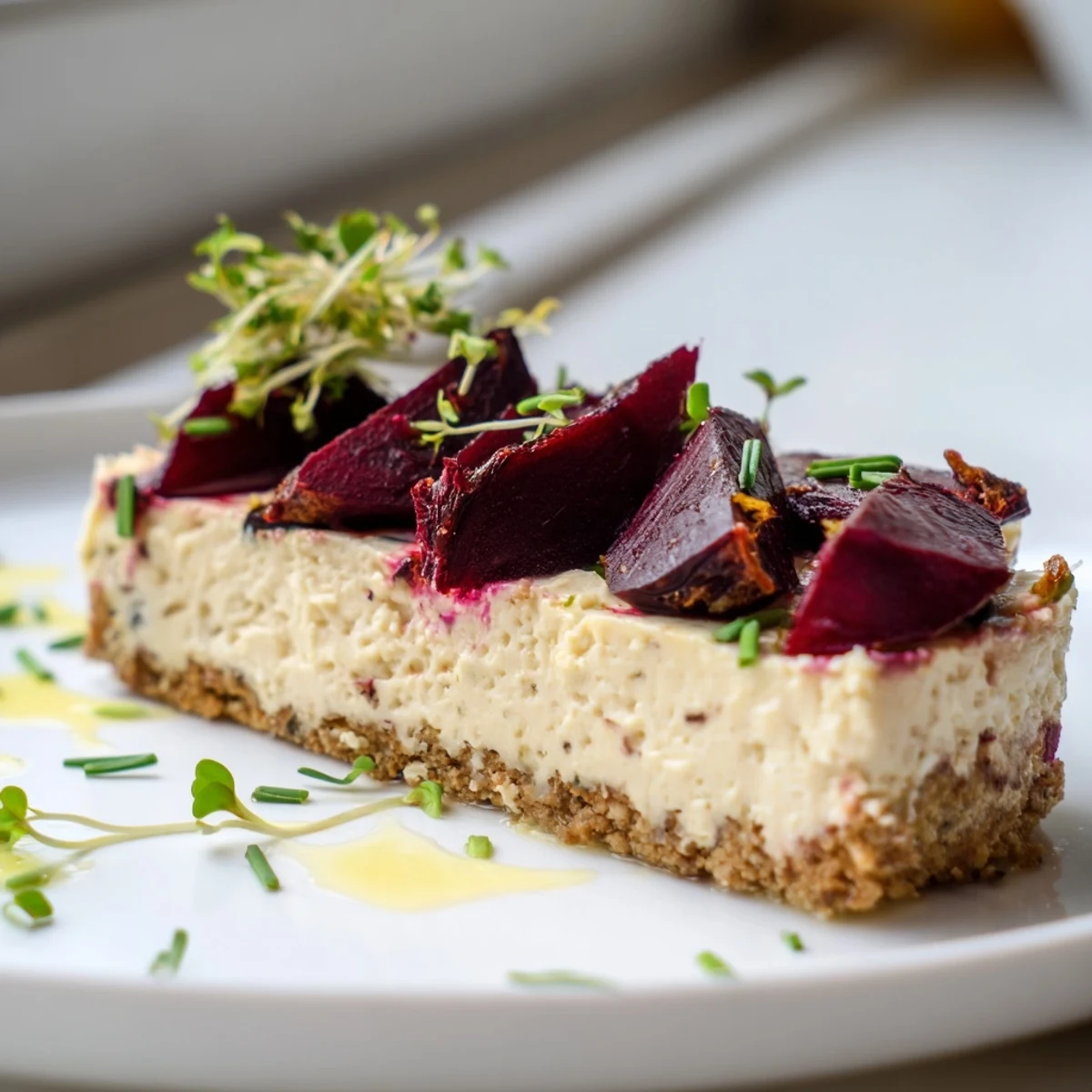 Creamy savoury cheesecake topped with caramelized roasted beetroot and fresh microgreens on a rustic plate