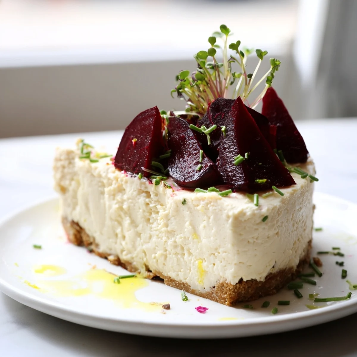 Golden wholemeal cracker crust supports a smooth savoury cheesecake layered with tender balsamic beetroot wedges