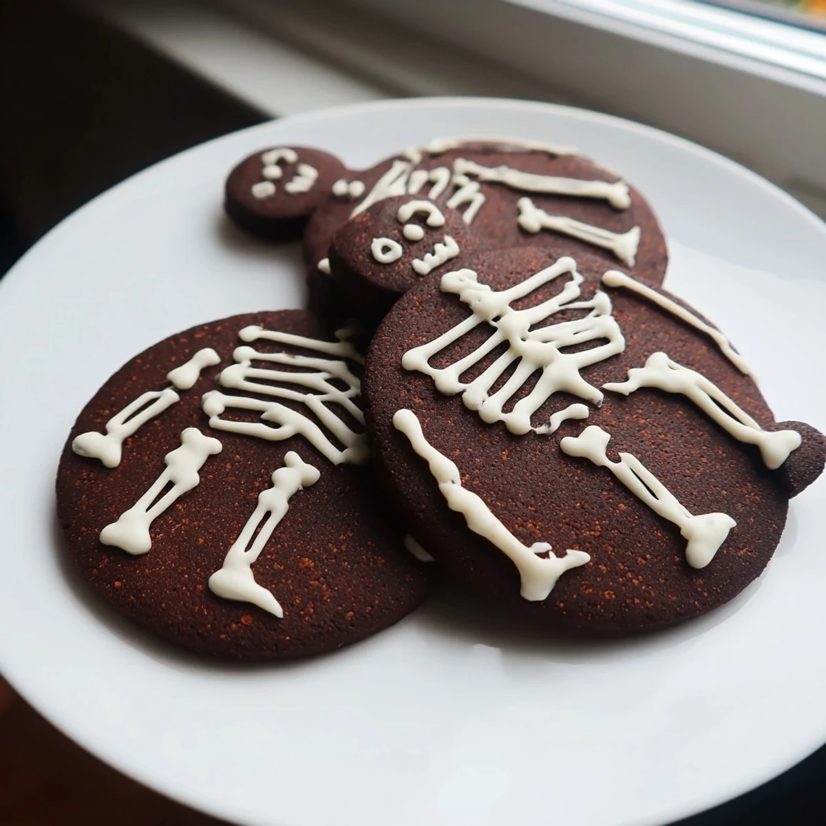 Dark chocolate cinnamon skeleton cookies with white icing on a parchment-lined baking sheet
