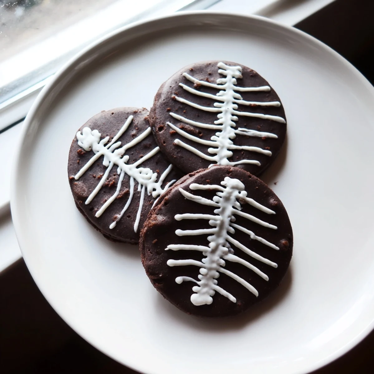 Chocolate cinnamon skeleton cookies decorated with intricate royal icing bones and joints
