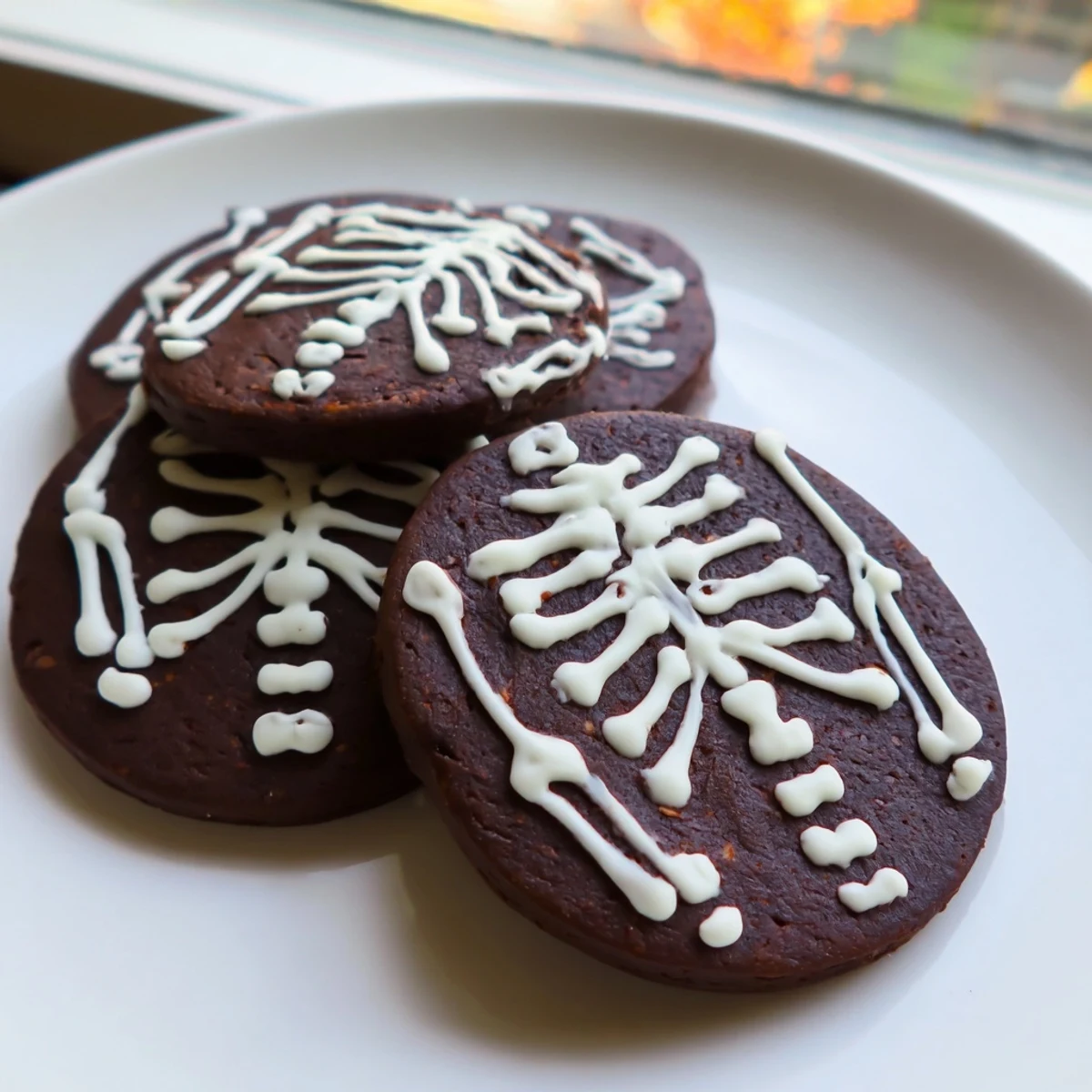 Spooky chocolate cinnamon skeleton cookies arranged on a wire rack with sweet icing details