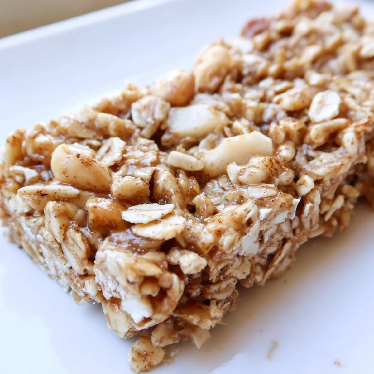 Chewy No Bake Apple Peanut Butter Granola Bars studded with oats and dried apple on a rustic cutting board