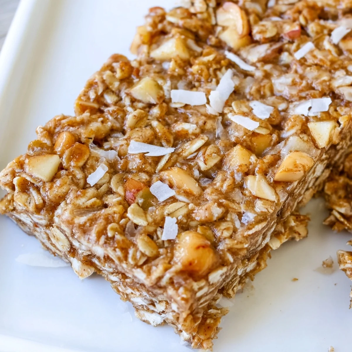 Thick squares of No Bake Apple Peanut Butter Granola Bars drizzled with honey and stacked on parchment paper