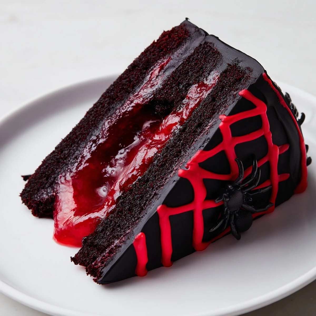 Dark chocolate Hidden Horror Black Widow Cake with glossy black ganache dripping over sliced layers revealing a crimson cherry compote center