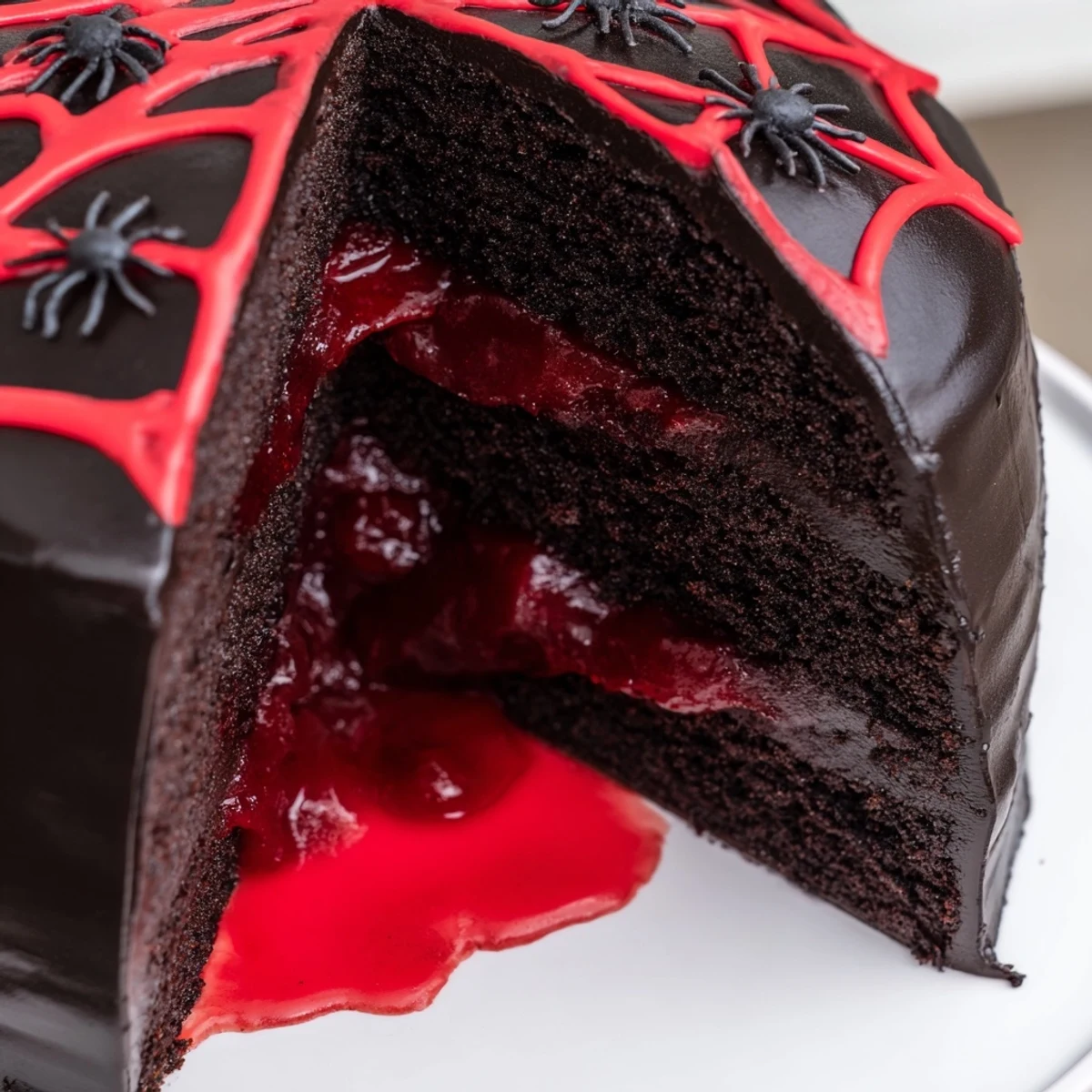 Hidden Horror Black Widow Cake topped with edible fondant spiders and eerie red vein piping on velvety black cocoa frosting