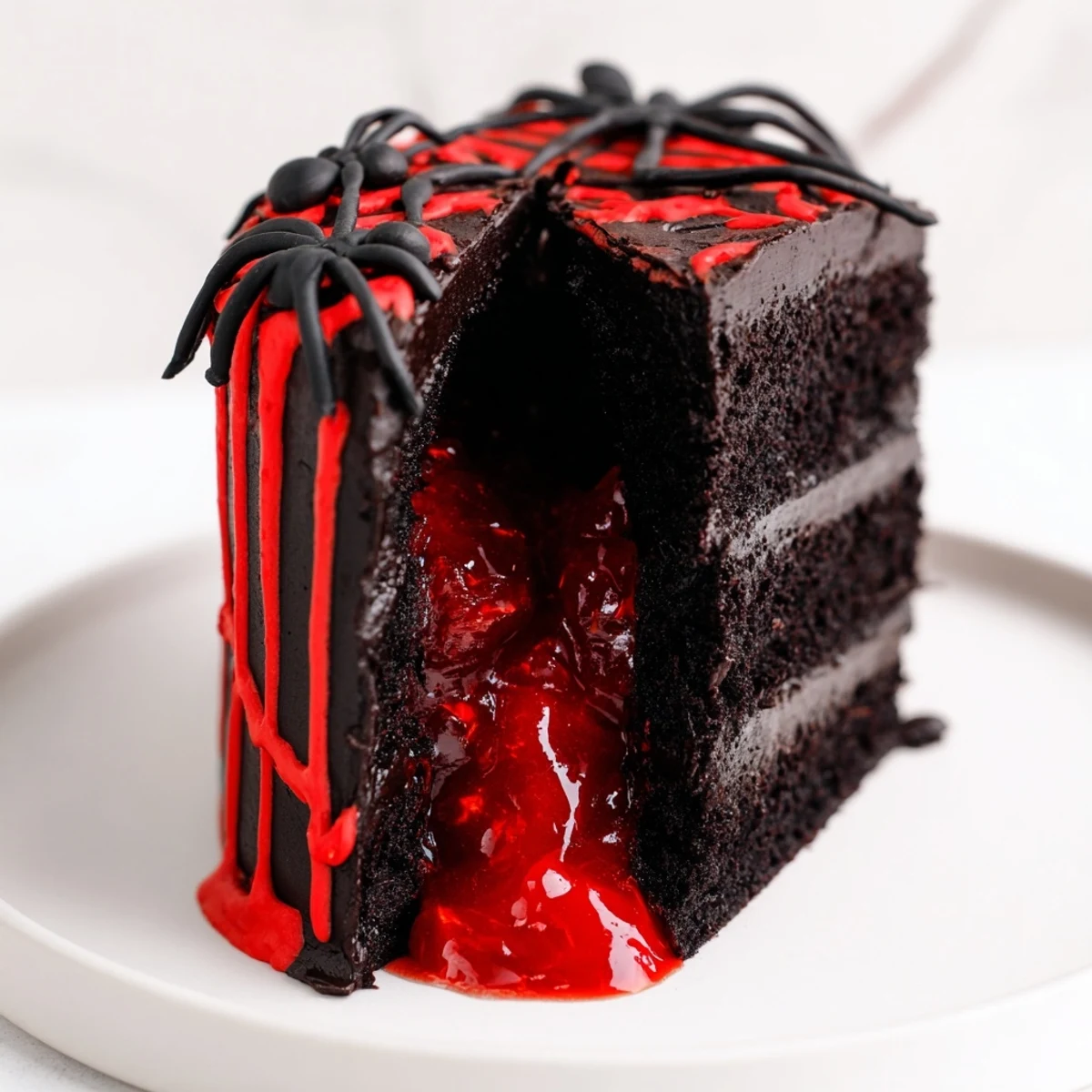 A spooky Hidden Horror Black Widow Cake slice oozing with bright red cherry compote filling against a deep matte black ganache finish
