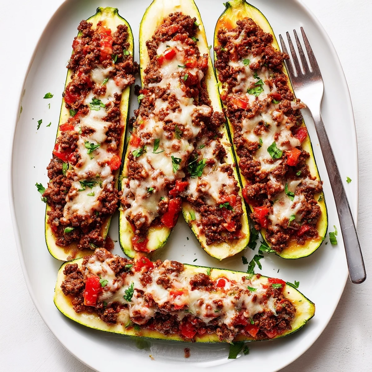 Golden stuffed zucchini boats with ground beef bubbling with melted mozzarella cheese