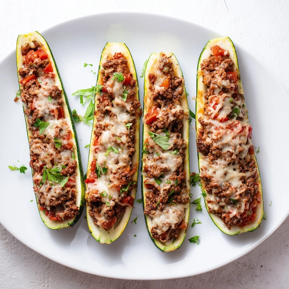 Cheesy stuffed zucchini boats with ground beef served fresh from the oven