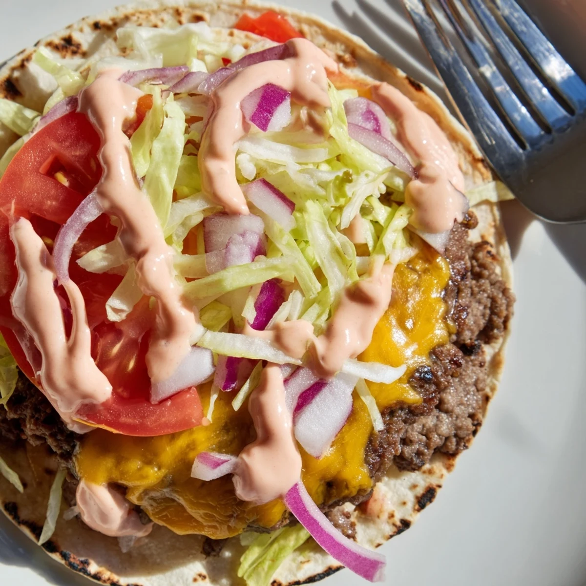 Crispy-edged smash burger tacos stacked with lettuce, tomato, and pickled red onion