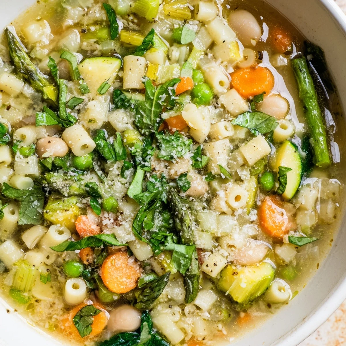 Steaming bowl of spring minestrone soup with bright green vegetables and ditalini pasta