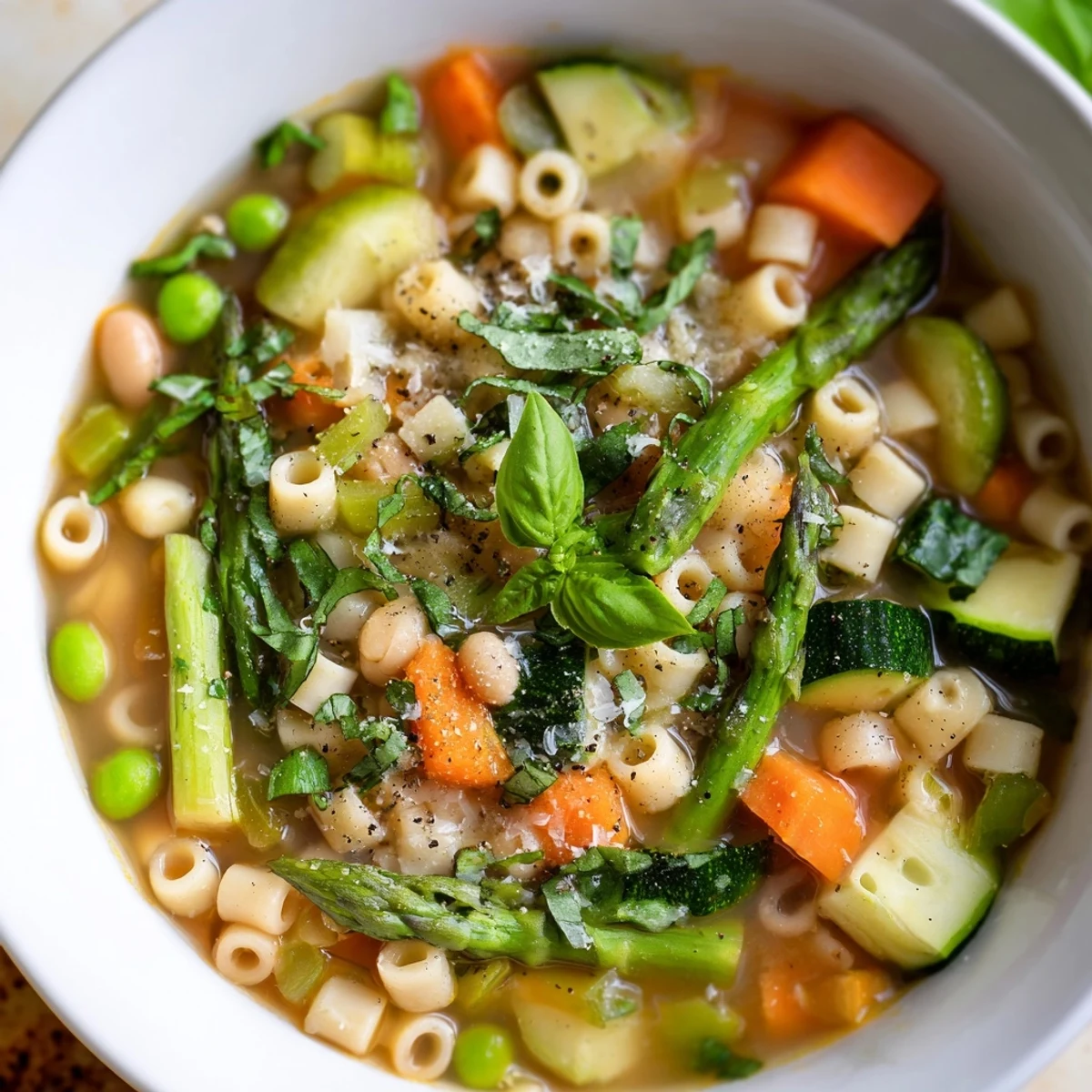 Spring minestrone soup garnished with fresh basil and grated Parmigiano in a rustic bowl