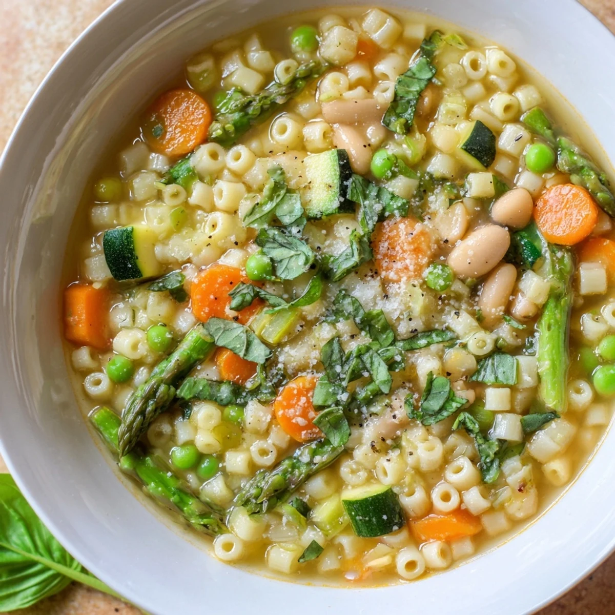 Golden broth spring minestrone soup featuring tender asparagus, peas, and baby spinach